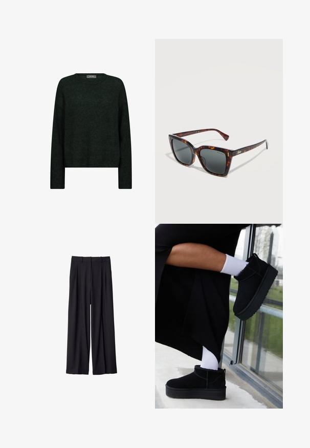 Mørkegrøn sweater med rund halsudskæring, lange ærmer og en afslappet pasform. Fremstillet af tekstureret stof med subtile tonale mønstre.; Sorte brede bukser med bæltestropper og frontfolder, præsenteret mod en hvid baggrund.; Sorte suede ankelstøvler med flad sål, med en bageste træksløjfe, båret med hvide ankelstrømper mod en minimalistisk baggrund.; Firkanterede solbriller med skildpadde-mønster, mørke glas og gyldent "Ralph"-logo på stængerne, vist mod en hvid baggrund.