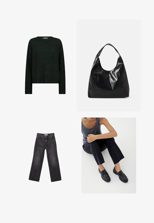 Pull vert foncé avec un col rond, des manches longues et une coupe décontractée. Fabriqué en tissu texturé, avec des motifs tonals subtils.; Jean noir à jambes larges avec poches avant et arrière, fermeture par bouton et passants de ceinture, posé à plat sur fond blanc.; Mocassins en cuir noir avec accents texturés, talon bas, bout arrondi, et coutures visibles. Modèle portant un pantalon sombre et un haut gris.; Sac hobo en cuir noir avec une texture douce et brillante et un haut ouvert arrondi. Dispose d'une large sangle courbée pour le transport. Pas de matériel visible.