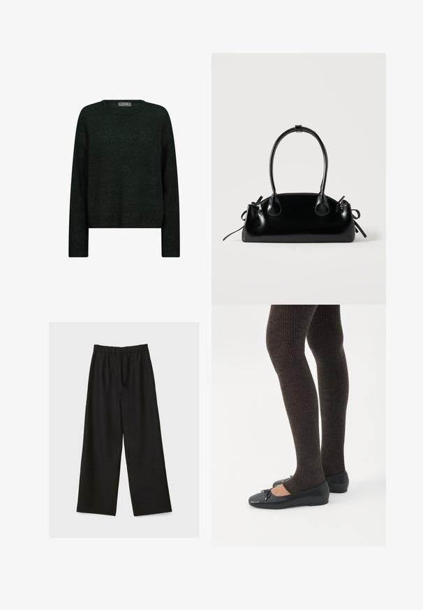 Mørkegrøn sweater med rund halsudskæring, lange ærmer og en afslappet pasform. Fremstillet af tekstureret stof med subtile tonale mønstre.; Sorte brede benbukser med elastisk talje, vist fladt på en lys baggrund.; Ben iført mørke ribbede leggings kombineret med sorte balletsko med små sløjfedetaljer på hvid baggrund.; Lille sort blank håndtaske med to lange håndtag og snøre-detaljer i siden på en ensfarvet lys baggrund.
