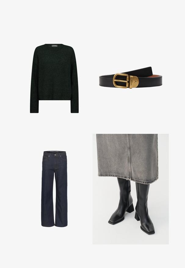 Donkergroene trui met een ronde hals, lange mouwen en een relaxte pasvorm. Gemaakt van textiel met een gestructureerde stof, met subtiele tonale patronen.; Donkerdenim wijde pijpen jeans met een hoge taille, voorzien van vijf zakken, contrasterende stiksels en een ruwe zoom aan de onderkant.; Zwarte laarzen tot de knie van soepel leer met een vierkante neus en blokhak. Draag ze met een grijze denim rok met een rafelige zoom.; COACH Riem - black/saddle