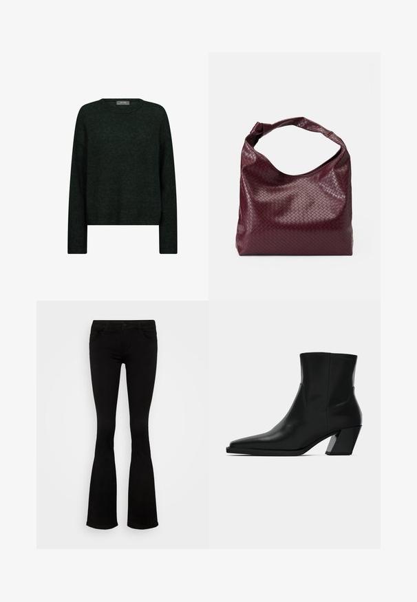 Mørkegrøn sweater med rund halsudskæring, lange ærmer og en afslappet pasform. Fremstillet af tekstureret stof med subtile tonale mønstre.; Sorte flared jeans i et strækbart materiale med en tætsiddende top og brede ben. Har en frontknaplukning og sidelommer. Glat tekstur.; Sortlæder ankelstøvle med spids tå, en slank silhuet og en kraftig firkantet hæl. Glat tekstur med minimale stikninger.; Burgunderfarvet taske med et tekstureret, vævet mønster, blødt lædermateriale og et enkelt, knyttet håndtag. Rummeligt, hobo-stil design.