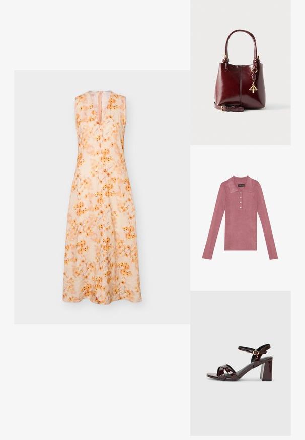 Ribbede langærmede polo top i støvet rosa med krave, fem knaplukninger og en blød tekstur. Simpelt design uden yderligere mønstre.; Ærmeløs knælængde kjole med V-udskæring, lys beige base og orange blomsterprint, vist på en ensartet lys grå baggrund.; Patent bordeaux højhælede sandaler med åben tå, udstyret med krydsseler og en ankelrem med en rund guldbuckle. Design med blockhæle.; Bordeauxfarvet læderhåndtaske med en blank finish, der har dobbelthåndtag, en aftagelig rem og en guldfarvet nøgleringsdetalje.