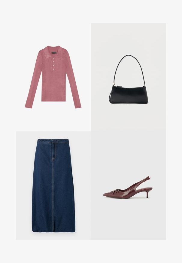 Ribbede langærmede polo top i støvet rosa med krave, fem knaplukninger og en blød tekstur. Simpelt design uden yderligere mønstre.; Mørkeblå lige denimnederdel med forreste søm og linning, knælængde, ingen synlige lommer eller knapper, klassisk design.; Bordeaux læder slingback hæl med spidse tå, justerbar rem og dekorativ sløjfedetalje foran. 7,5 cm hælhøjde.; Sort rektangulær håndtaske med tynd skulderrem og lynlåslukning, sat mod en enkel hvid baggrund.
