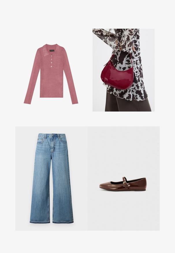Ribbede langærmede polo top i støvet rosa med krave, fem knaplukninger og en blød tekstur. Simpelt design uden yderligere mønstre.; Højttaljede, lyseblå denimjeans med vide ben, knap- og lynlåslukning foran samt fem-lommer-design.; Brun patentlæder balletflade med firkantet tå og strop med en lille guldbuckle. Glat tekstur, lav hæl og minimalistisk design.; Kvinde iført en sort- og hvidmønstret bluse, der holder en blank rød skuldertaske mod en ensfarvet baggrund.