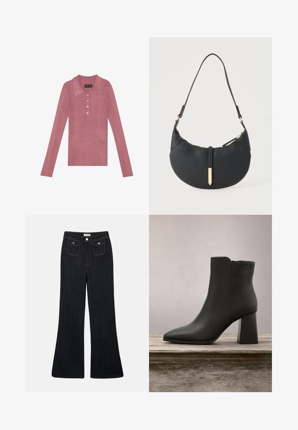 Polo à manches longues côtelé en rose poussiéreux avec un col, une patte de boutonnage à cinq boutons et une texture douce. Design simple sans motifs supplémentaires.; Jeans en denim foncé évasés avec une taille haute, deux poches avant et des coutures orange. Le matériau semble robuste et lisse.; Bottines en cuir noir à bout pointu et talon bloc, présentant une section texturée noire et une surface supérieure lisse.; Sac à main noir en forme de croissant avec une bandoulière unique, une fermeture éclair dorée et une languette décorative rectangulaire dorée à l'avant.