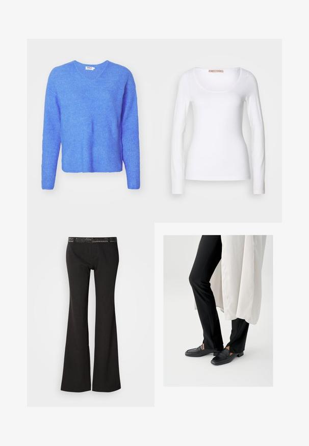 Blauwe ribgebreide trui met een V-hals, lange mouwen en een relaxed fit. Gemaakt van een zachte, gestructureerde stof. Etiket leest "ONLY."; Witte katoenen T-shirt met lange mouwen, voorzien van een ronde halslijn en een getailleerd ontwerp, met een gladde textuur en zonder versieringen.; Zwarte uitlopende broek met een gestructureerde tailleband met metalen studs. De stof heeft een subtiele glans en een gladde afwerking.; Zwarte leren loafers met een vierkante neus en lage blokhak, gecombineerd met zwarte nauwsluitende broek en een vloeiende witte buitenlaag.