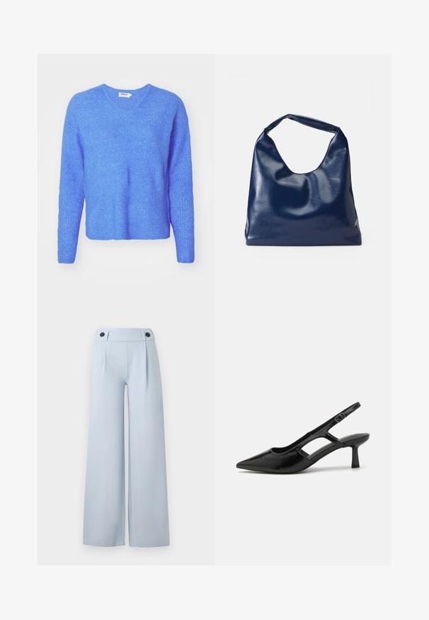 Blauwe ribgebreide trui met een V-hals, lange mouwen en een relaxed fit. Gemaakt van een zachte, gestructureerde stof. Etiket leest "ONLY."; Lichtblauwe wijde broek met een vlakke voorkant, plooien en twee zwarte knopen in de taille. Gemaakt van gladde stof met een nette afwerking.; Zwarte slingback hakken met een spitse neus, gemaakt van glanzend materiaal, met uitsnijdingen en een gematigde hak voor ondersteuning.; Marineblauwe neplederen schoudertas met een zachte, glanzende textuur, ronde vorm en een enkele, brede handgreep voor gemakkelijk dragen.