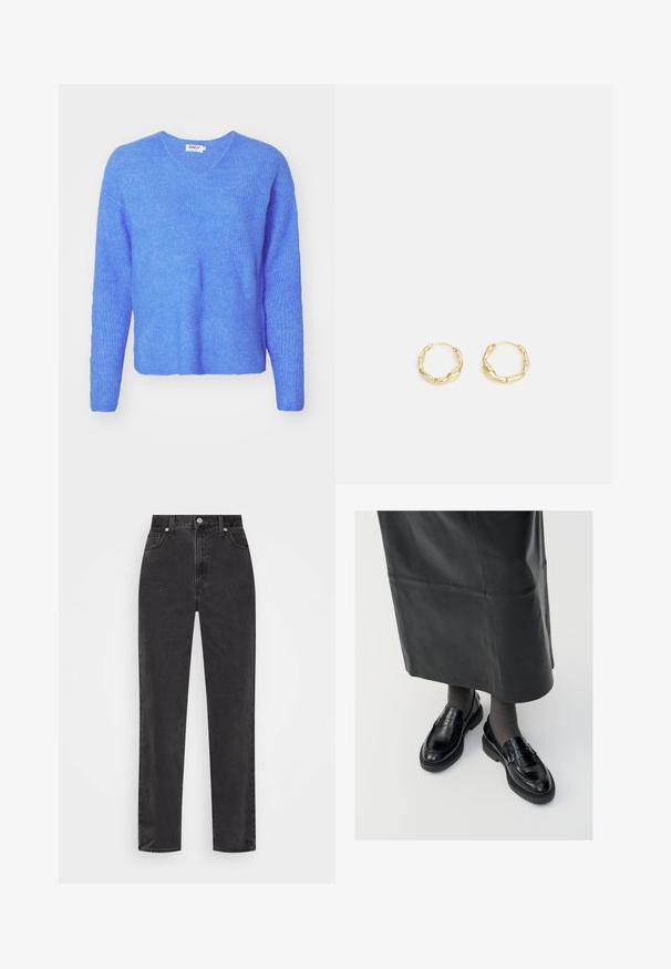 Blå ribbet striktrøje med V-hals, lange ærmer og en afslappet pasform. Fremstillet af blødt, tekstureret materiale. Etiketten siger "ONLY."; Sorte denim jeans med lige ben, høj talje, foran knap og lynlås, samt fem-lomme stil på en hvid baggrund.; Sorte læder loafers med en glat finish, prydet med en dekorativ rem, rund tå og tekstureret sål. Båret med en lang sort læderskirt.; Guld hoops øreringe med en tekstureret, ujævn overflade. Har et let design og cirkulær form, egnet til hverdagsbrug.