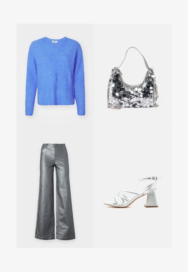 Pull en tricot côtelé bleu avec un col en V, des manches longues et une coupe décontractée. Fabriqué à partir d'un matériau doux et texturé. L'étiquette indique "ONLY."; Pantalons à jambes larges en tissu métallique argenté brillant. Comprend des poches avant, une fermeture à bouton et des ourlets droits. Texture lisse et design épuré.; Sandale argentée à brides avec talon bloc et bride à boucle à la cheville, bout ouvert et semelle lisse sur fond blanc uni.; Sac à main en sequins argentés de forme ronde, avec une poignée douce et une bandoulière en chaîne argentée. Il dispose d'une fermeture à glissière et de détails réfléchissants.