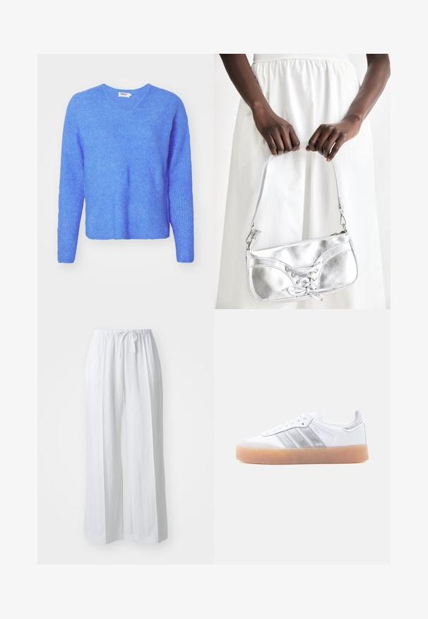Suéter azul de punto con canalé, cuello en V, mangas largas y un corte holgado. Hecho de material suave y texturizado. La etiqueta dice "ONLY."; Pantalones blancos de pierna ancha con cinturilla ajustable. Hechos de una tela ligera, con una textura suave y un diseño minimalista.; Zapatilla blanca de perfil bajo con suela de goma, acentos laterales plateados a rayas y cierre de cordones, mostrada sobre un fondo claro y liso.; Bolso metálico plateado con detalle de cordones, que presenta un diseño elegante y una correa corta. El bolso está sostenido con las manos, mostrando su textura.