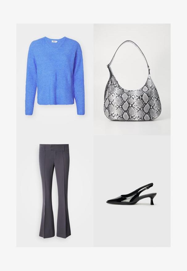 Suéter azul de punto con canalé, cuello en V, mangas largas y un corte holgado. Hecho de material suave y texturizado. La etiqueta dice "ONLY."; Pantalones grises acampanados hechos de una tela suave con un ajuste a medida, que presentan líneas de pliegue frontal y una cintura de altura media.; Zapatos de charol negro tipo slingback con punta afilada y tacón bajo. Correa ajustable con hebilla en el tobillo.; Bolso de hombro con estampado de serpiente en blanco y negro, de forma redondeada, textura suave y correa curvada. Presenta un acento de hardware plateado.
