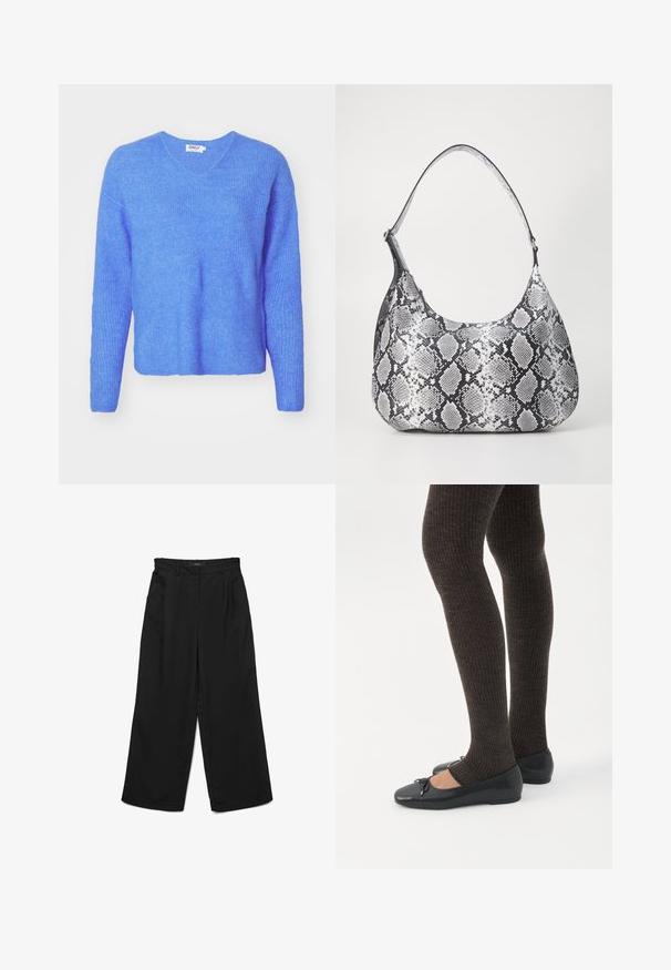 Blauwe ribgebreide trui met een V-hals, lange mouwen en een relaxed fit. Gemaakt van een zachte, gestructureerde stof. Etiket leest "ONLY."; Zwarte wijde broek met een platte voorkant, twee plooien en zijzakken. Gemaakt van gladde stof met een gestructureerde tailleband.; Benen met donkere geribbelde leggings gecombineerd met zwarte ballerina's met kleine strikdetails op een witte achtergrond.; Zwart-witte slangenprint schoudertas met een afgeronde vorm, een gladde textuur en een ronde strap. Voorzien van een zilveren hardwareaccent.