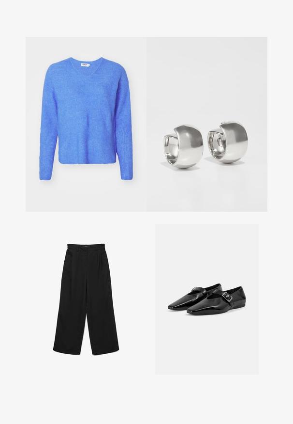 Pull en tricot côtelé bleu avec un col en V, des manches longues et une coupe décontractée. Fabriqué à partir d'un matériau doux et texturé. L'étiquette indique "ONLY."; Pantalon noir à jambes larges avec devant plat, deux plis et poches latérales. Confectionné dans un tissu lisse avec une ceinture structurée.; Paire de chaussures plates en cuir verni noir à bouts pointus avec une bride à boucle sur le dessus, montrée sur un fond clair uni.; Uncommon Matters SCULPTURAL LARGE CREOLE - Boucles d'oreilles - silver-coloured
