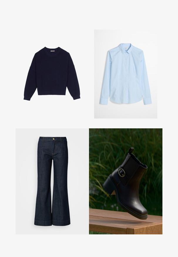 Marineblå strikket sweater med ribbestruktur, rund halsudskæring, nedsatte skuldre og cropped kant. Blødt materiale med lange ærmer.; Lyseblå skjorte med knapper og lange ærmer, klassisk krave og et subtilt logo broderet på brystet. Glat, skarpt stoftekstur.; Mørk vaskede denimjeans med en flagrende design, der har en knaplukning, orange syninger og opfoldede sømme. Glat tekstur og klassisk stil.; Sort læderankelstøvle med lav hæl og sidespænde, der svæver over en træoverflade udendørs med grøn løv i baggrunden.