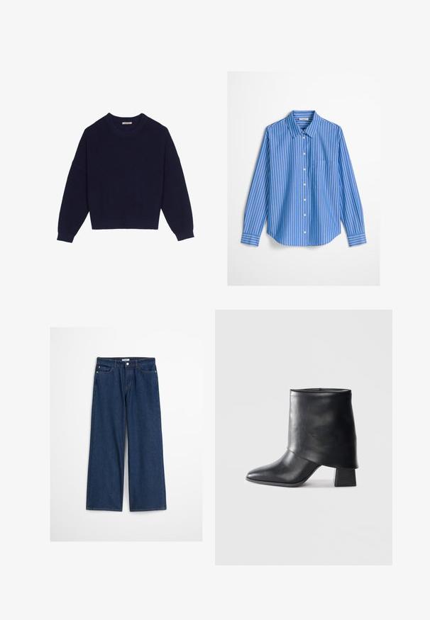 Navyblauwe gebreide trui met een ribbelstructuur, ronde hals, ingezette schouders en een cropped zoom. Zachte stof met lange mouwen.; Lichtblauw overhemd met verticale witte strepen, een puntige kraag, lange mouwen en een zak op de linkerborst.; Donkerblauwe jeans met wijde pijpen en een hoge taille, gemaakt van denim. Voorzien van voorzakken, riemlussen en een knoopsluiting. Klassiek ontwerp.; Zwarte leren enkellaars met een spitse neus, een zachte textuur en een gestructureerde blokhak. Kenmerkt zich door een hoge, gevouwen kraag.