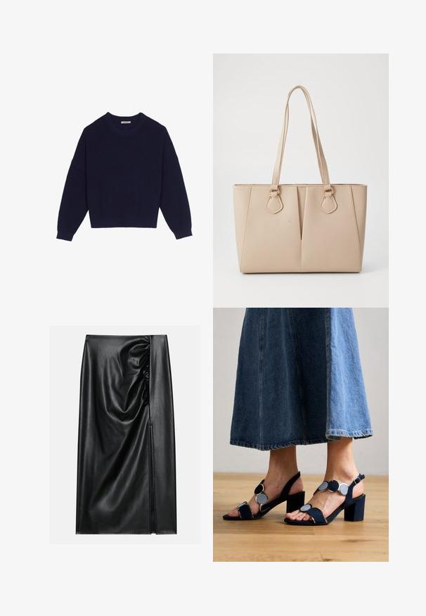 Pull en tricot bleu marine avec une texture côtelée, un col rond, des épaules tombantes et un ourlet court. Tissu doux avec des manches longues.; Jupe en cuir noir avec une texture lisse, présentant une section froncée sur un côté et une fente sur le côté pour un détail supplémentaire.; Marco Tozzi Sandales - navy; Sac fourre-tout beige en faux cuir texturé, doté de poignées doubles et d'accents en métal doré. Le design présente un détail avant fendu.
