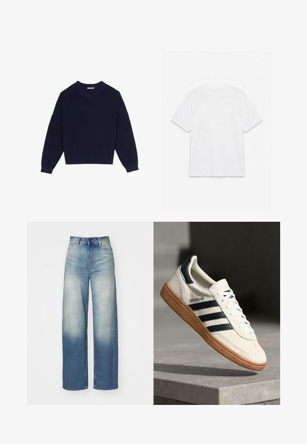 Suéter de punto azul marino con textura acanalada, escote redondo, hombros caídos y dobladillo corto. Tejido suave con mangas largas.; Camiseta blanca lisa de manga corta con cuello redondo, colocada plana sobre un fondo blanco.; Jeans de pierna ancha azul claro con una cintura alta, fabricados en denim, con un degradado desvanecido, cinco bolsillos y detalles de metal.; Zapatilla de ante blanca con franjas en azul marino, suela de goma, parte superior texturizada, puntera redonda y cordones; presenta una marca en el lateral y en la lengüeta.