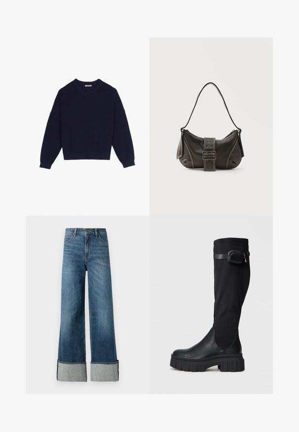 Marineblå strikket sweater med ribbestruktur, rund halsudskæring, nedsatte skuldre og cropped kant. Blødt materiale med lange ærmer.; Lee STELLA - Wide leg - richter; Knæhøje sorte støvler med lædertå og tekstilskafter, med en sidelomme, tyk gummisål og dekorativ rem.; Sort læder skuldertaske med spænde på remmen, afrundede kanter og kontrasterende hvide syninger på en ensfarvet baggrund.