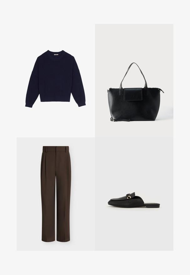 Marineblå strikket sweater med ribbestruktur, rund halsudskæring, nedsatte skuldre og cropped kant. Blødt materiale med lange ærmer.; Straight-cut mørkebrune formelle bukser med bæltestropper og forvejs folder, vist på en ensfarvet lys baggrund.; Sort slip-on sko lavet af glat læder. Har en rund tå, en dekorativ vævet strop og en lille guldfarvet detalje. Flad sål.; Sort lædertaske med to håndtag, en aftagelig rem, magnetisk flaplukning og en glat overflade. Lynlåslukning øverst og dekorative syninger.
