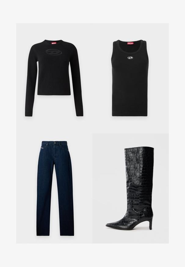 Sort sweater lavet af strikstof, med rund halsudskæring, lange ærmer og et tekstureret ovalt logo i midten.; Sort tanktop lavet af bomuldsstof med rund halsudskæring, ærmeløs design og lille hvidt logo på brystområdet.; Mørkeblå denimjeans med et lige ben-design, der har lukning med knap foran og traditionelle lommedetaljer.; Sorte knæhøje støvler med en blank, krokodillemønstret tekstur, spids tå og en affaset hæl. Glat syntetisk materiale.