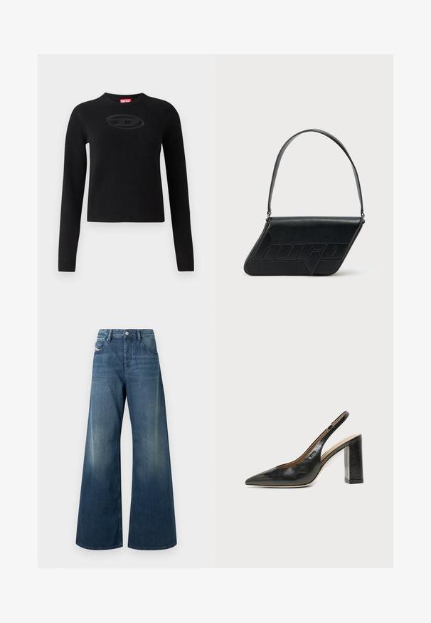 Sort sweater lavet af strikstof, med rund halsudskæring, lange ærmer og et tekstureret ovalt logo i midten.; Vidbenede jeans i mørkeblå denim med en falmet finish, traditionelt design med fem lommer og en metal knaplukning i taljen.; Sort læder peep-toe slingback sko med høj blokhæl og beige indvendig foring mod en ensfarvet lys baggrund.; Sort skuldertaske i læder med trekantet form, præget logo og en enkelt justerbar rem. Minimalistisk design med glat tekstur.