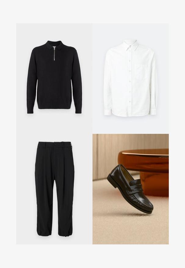 Pull noir à col zippé, à manches longues, avec des poignets et un ourlet côtelés, fabriqué dans un tissu doux et lisse.; Chemise blanche à manches longues avec boutons, en tissu léger. Présente une poche poitrine, un col classique et une texture subtile.; Pantalons noirs raccourcis avec une taille élastique à bouton, poches latérales et une coupe relaxée avec des poignets aux chevilles.; Mocassin en cuir noir brillant avec un détail de bride, posé sur un tapis beige près d'une table basse ronde en bois brun dans une pièce doucement éclairée.