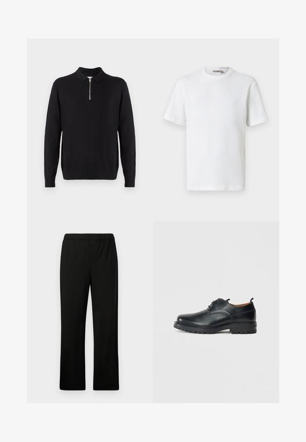 Pull noir à col zippé, à manches longues, avec des poignets et un ourlet côtelés, fabriqué dans un tissu doux et lisse.; T-shirt blanc à manches courtes en maille gaufrée avec col rond, petite étiquette de marque à l'intérieur du col, présenté sur un fond uni.; Pantalon noir à taille élastique avec une coupe droite. Réalisé en tissu lisse, sans motifs ni embellissements visibles.; Chaussures derby en cuir noir avec une texture lisse, bout rond, design à lacets et une semelle en caoutchouc épaisse et robuste.
