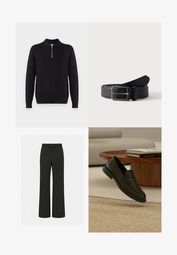 Pull noir à col zippé, à manches longues, avec des poignets et un ourlet côtelés, fabriqué dans un tissu doux et lisse.; Pantalon noir à jambes larges avec fines rayures verticales blanches, bouton et passants à la taille.; Chaussure mocassin en cuir noir présentée en suspension au-dessus d'un tapis beige tissé, avec une table en bois et des livres empilés dans un salon doucement éclairé.; Ceinture en cuir noir roulée avec une boucle métallique argentée rectangulaire sur un fond clair uni.