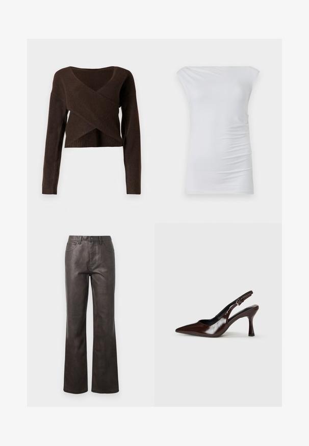 Brun cropped sweater lavet af blødt materiale, med en dyb V-halsudskæring, lange ærmer og et overlappende design foran.; Hvid off-the-shoulder top lavet af blødt stof; har et tætsiddende design med diskret side-frynse og glat tekstur.; Brune læderbukser med høj talje, lige ben, synlige stikninger og fem lommer. Glat tekstur, minimal glans.; Brune patenterede læderslingback-sandaletter med spids tå, en tynd hæl og justerbar rem med en lille spænde.