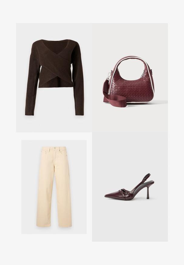Brun cropped sweater lavet af blødt materiale, med en dyb V-halsudskæring, lange ærmer og et overlappende design foran.; Beige bukser med lige ben med frontknap og lynlås, bæltestropper og fem-lommer design på en ensfarvet lys baggrund.; Bourgogne laklæder slingback-hæl med spids tå, tynd ankelrem og lille dekorativ spænde. Glat tekstur og høj hæl.; Mørkerød vævet lædertaske med buet hank, hvid kant, sølv lynlås og aftagelig bred stofskulderrem mod en ensfarvet baggrund.