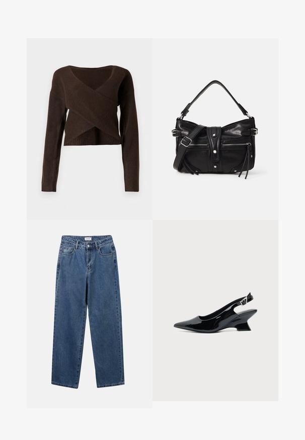 Brun cropped sweater lavet af blødt materiale, med en dyb V-halsudskæring, lange ærmer og et overlappende design foran.; Klassiske blå denimbukser med lige ben, fem lommer og knaplukning. Har en medium vask og en robust tekstur.; Sort laklæder slingback sko med spids tå og lav vinklet blokhæl på ensartet lys baggrund.; Even&Odd by Zalando H24462 - Håndtasker - black