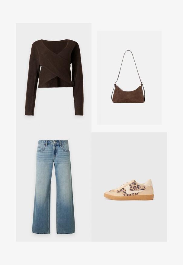 Brun cropped sweater lavet af blødt materiale, med en dyb V-halsudskæring, lange ærmer og et overlappende design foran.; Lyseblå jeans med vide ben og falmet finish, med knaplukning, fem lommer og syning langs sømmene.; Leopardprint sneakers med beige ruskindsoverdel, tan gummisål og hvide detaljer. Rund pegefinger og snørebåndsdesign med en tekstureret finish.; Brun ruskind skuldertaske med en buet lynlås øverst og en tynd justerbar rem, vist mod en ensfarvet lys baggrund.