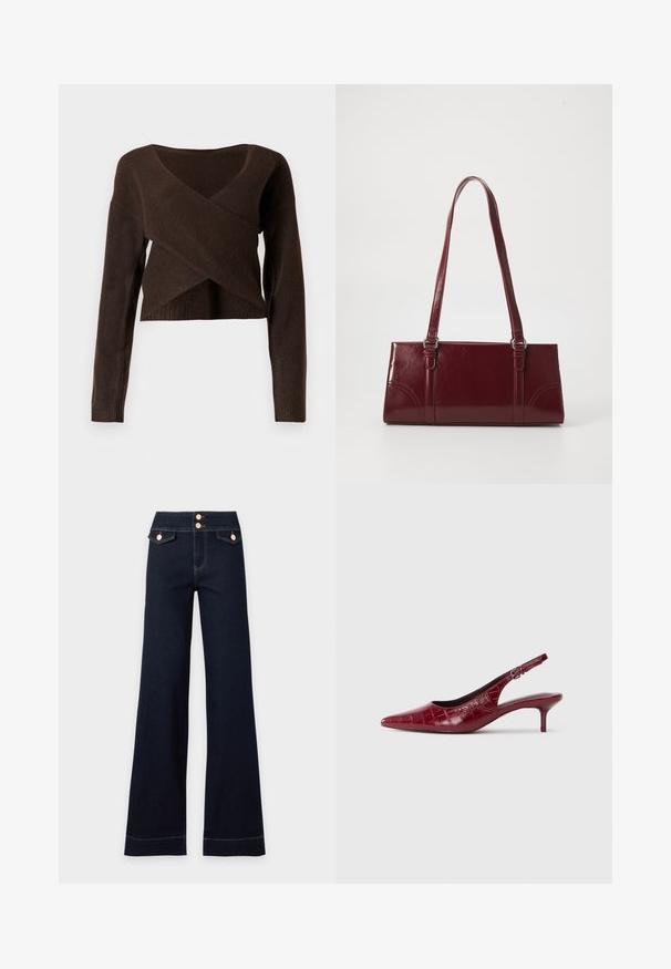 Brun cropped sweater lavet af blødt materiale, med en dyb V-halsudskæring, lange ærmer og et overlappende design foran.; Mørkeblå bredbenede jeans med høj talje, med to forlommer med klap og to synlige roseguldknapper i linningen.; Bordeaux læder slingback pumpe med krokodillestruktur, spidse tæer, justerbar spænde rem og lav kitten hæl på en hvid baggrund.; Bordeaux håndtaske lavet af glansfuldt materiale, rektangulær form, med to skulderremme og subtile buede detaljer på forsiden.
