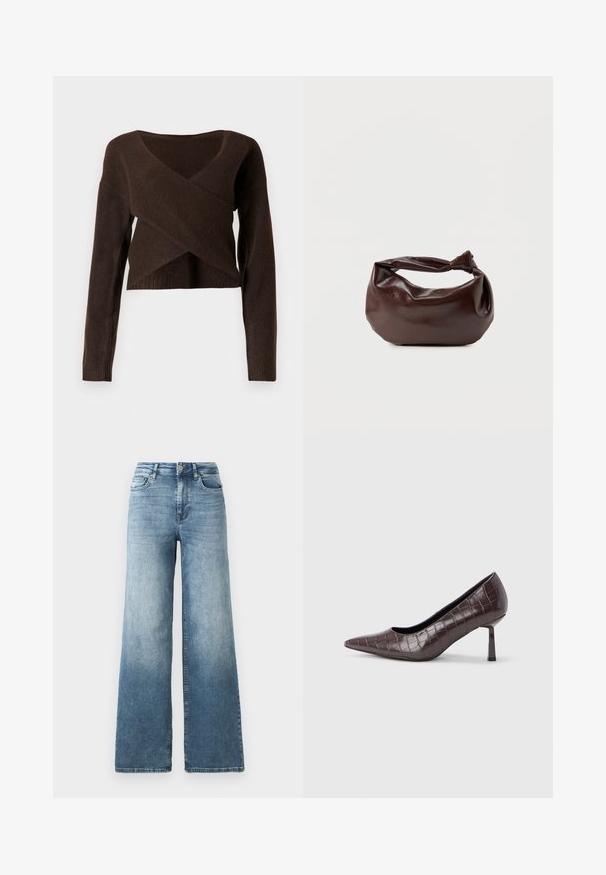 Pull court marron en matériau doux, avec un décolleté en V profond, des manches longues et un design en superposition à l'avant.; Jean en denim à jambes larges dans un délavage bleu clair, avec une taille haute, un design à cinq poches et un léger dégradé sur le tissu. Fermeture classique à bouton en métal.; Escarpins à bout pointu en similicuir marron avec une texture crocodile, dotés d’un talon fin et angulaire ainsi que d’une doublure intérieure lisse.; Sac bandoulière en cuir marron foncé avec une forme souple et décontractée et une anse nouée torsadée sur un fond blanc uni.