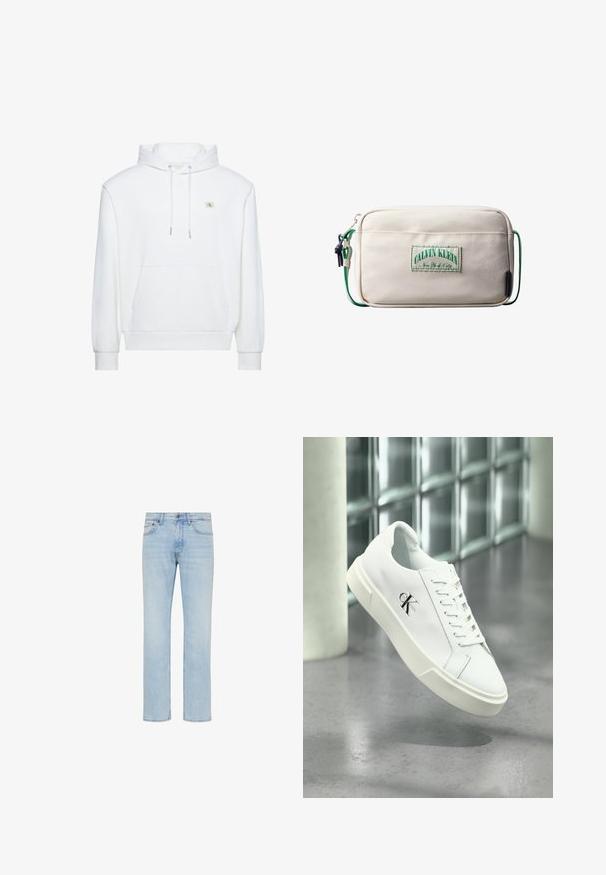 Valkoinen huppari, jossa etutasku ja kiristysnauhat, rinnassa pieni Calvin Klein -logo.; Vaaleansiniset suorat farkut, joissa edessä nappi, vetoketjullinen suljenta ja viiden taskun malli, esitetty valkoisella taustalla.; Valkoinen Calvin Klein -lenkkari nauhoilla, esillä leijumassa kiillotetun betonilattian ja lasiblokkiseinän taustalla.; Beige suorakaiteenmuotoinen olkalaukku, jossa vihreä hihna ja edessä vihreällä tekstillä "Calvin Klein New York City" -kirjailu.