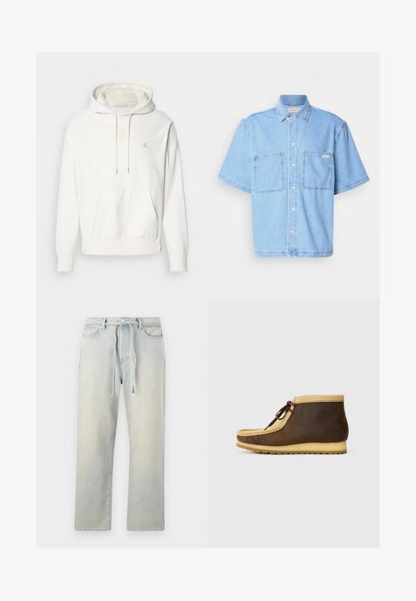 Lysecreme hoodie med en frontlomme, snor i hætten og broderet logo i gult. Fremstillet af blødt, tekstureret stof.; Lyseblå denim skjorte med korte ærmer, der har knaplukning foran, to brystlommer og en klassisk krave. Bemærkelsesværdige syninger.; Lyseblå denim-jeans med afslappet pasform, snøre i taljen, diskret falmet tekstur og lige ben. Har klassiske lommer og syninger.; Brune læderankelstøvler med en tan ruskindskrave, rund tå og brune snørebånd. Har en struktureret gummisål for godt greb.