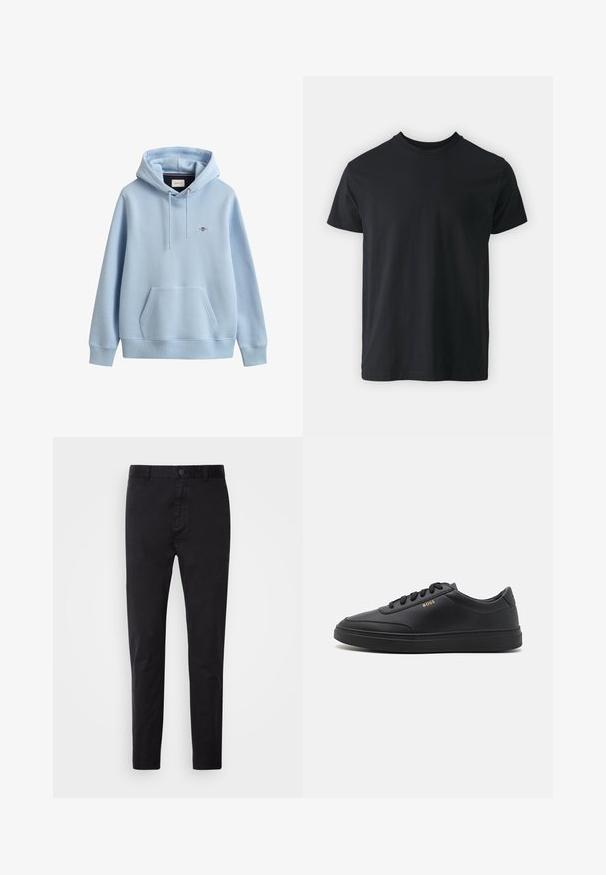 Lichtblauwe hoodie met voorvak, verstelbare trekkoordkap, geribde boorden en zoom en een klein geborduurd logo op de borst.; Zwart katoenen T-shirt met korte mouwen, ronde hals en een relaxte pasvorm. Glad textuur en rechte zoom, geen zichtbare graphics of patronen.; Zwarte chino's met een gladde textuur, knoopsluiting en tapere ontwerp. Ideaal voor casual of semi-formele gelegenheden.; Zwarte leren sneakers met een gladde textuur, ronde neus, platte rubberen zool en tonale veters. Kenmerkt zich door de gouden "BOSS" branding aan de zijkant.