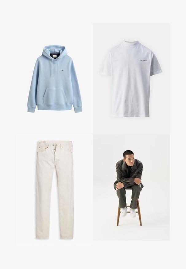 Lichtblauwe hoodie met voorvak, verstelbare trekkoordkap, geribde boorden en zoom en een klein geborduurd logo op de borst.; Witte katoenen t-shirt met een hoge hals en korte mouwen. Voorzien van het 'SAMSØE SAMSØE' logo in het zwart op de voorkant. Glad van textuur.; Oudwitte high-rise slim-fit jeans met knoopsluiting, vijf zakken en koperen klinknagels, plat gelegd op een witte achtergrond.; Jonge man in een donkere leren jas en spijkerbroek zit op een houten kruk, leunt naar voren met gekruiste armen en kijkt naar de zijkant tegen een witte achtergrond.