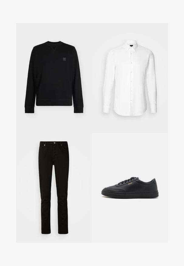 Sweat-shirt noir à manches longues avec col rond, poignets et ourlet côtelés, avec un petit patch logo carré sur la partie supérieure gauche de la poitrine.; Chemise blanche à manches longues, boutonnée sur le devant, col classique, fabriquée en tissu lisse avec une texture subtile, conçue pour une coupe ajustée.; Jeans noirs à jambe droite avec fermeture devant par bouton et fermeture éclair, poches avant et arrière, présentés sur un fond clair uni.; Baskets en cuir noir avec une texture lisse, bout rond, semelle en caoutchouc plate et lacets ton sur ton. Présente une marque "BOSS" dorée sur le côté.
