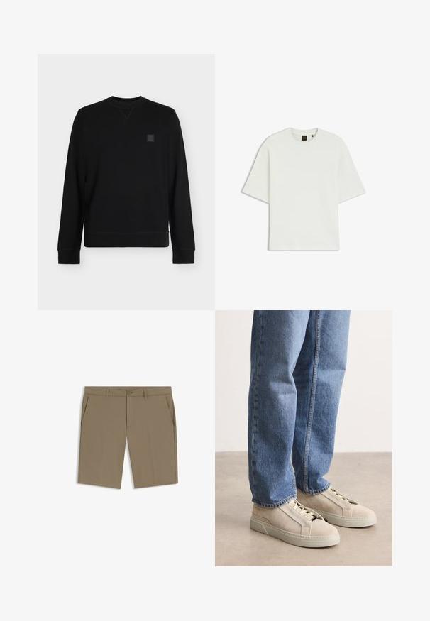 Sort langærmet sweatshirt med rund halsudskæring, ribstrikkede ærmer og bund, med lille firkantet logo-patch på øverste venstre bryst.; Ensfarvet hvid T-shirt med korte ærmer og rund halsudskæring samt en lille sort mærkat med teksten "BOSS" på indersiden af kraven.; Herrelysebrune, skræddersyede shorts med bæltestropper, sidelommer og knaplukning foran på hvid baggrund.; BOSS GARYTENN_SDHDEL - Sneakers - natural ten