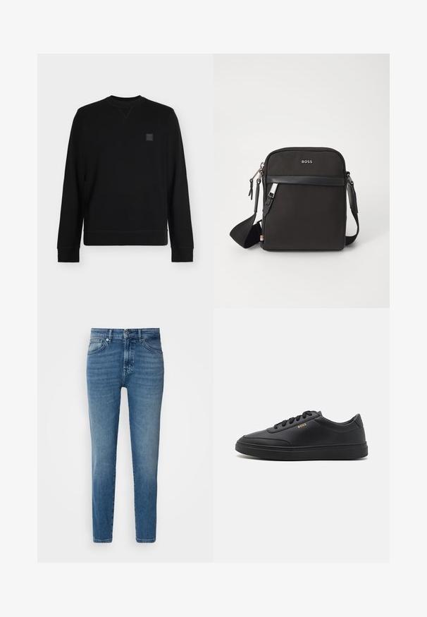 Zwarte crewneck-trui met lange mouwen, geribde boorden en zoom, met een kleine vierkante logopatch op de linkerbovenborst.; Lichtblauwe denim jeans met een rechte pasvorm, traditionele vijf-pocket stijl, metalen knoopsluiting en subtiele vervaging aan de voorkant.; Zwarte leren sneakers met een gladde textuur, ronde neus, platte rubberen zool en tonale veters. Kenmerkt zich door de gouden "BOSS" branding aan de zijkant.; Zwarte schoudertas van textuurstof, met logo aan de voorkant, ritssluiting en verstelbare schouderband. Voorzien van een gladde leren rand.