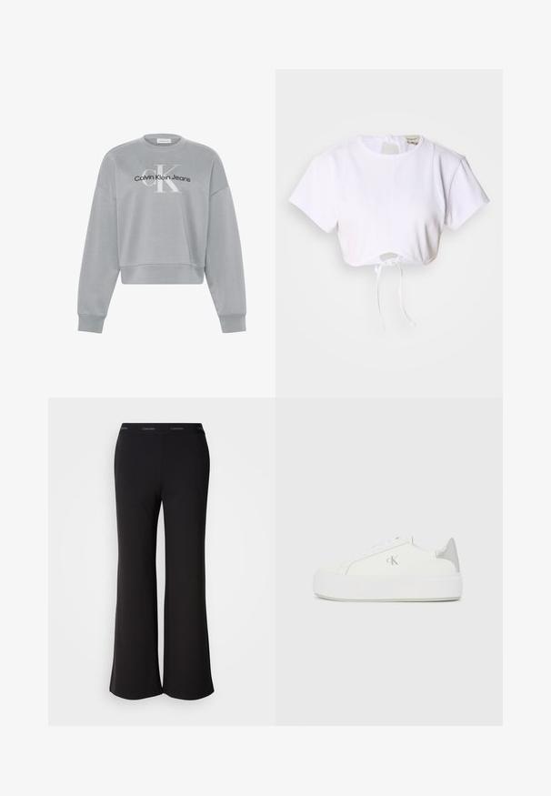 Lichtgrijs cropped sweatshirt met lange mouwen, met wit "cK" en zwart "Calvin Klein Jeans" logo gecentreerd aan de voorkant.; Witte cropped t-shirt gemaakt van gladde stof. Heeft een ronde halslijn, korte mouwen en een trekkoord onderaan voor aanpassing.; Zwarte uitlopende broek gemaakt van zachte stof met een brede tailleband met het Calvin Klein-logo. Soepele textuur, volledig lange broek.; Witte canvas sneakers met een dikke witte zool, voorzien van een metallic zilveren accent op de hiel en een subtiel logo detail aan de zijkant.