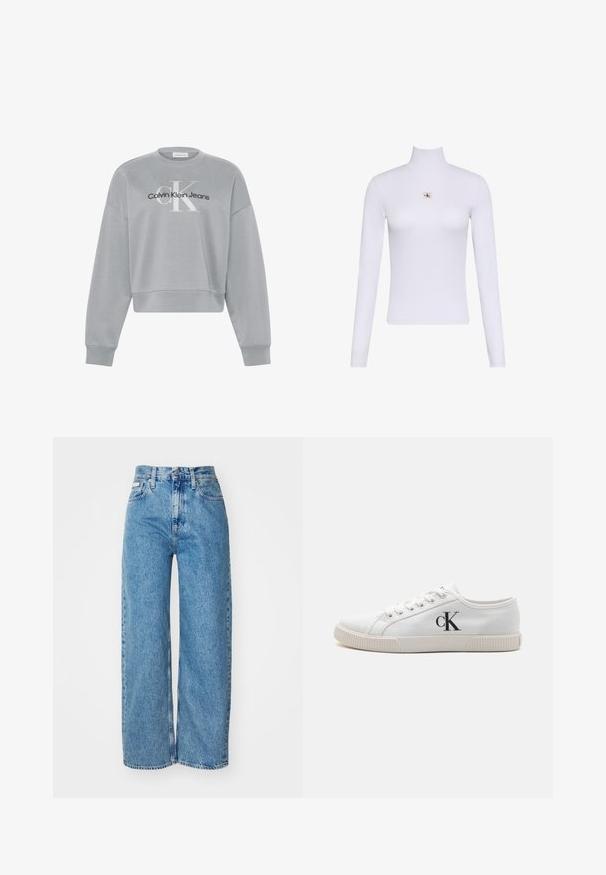 Lichtgrijs cropped sweatshirt met lange mouwen, met wit "cK" en zwart "Calvin Klein Jeans" logo gecentreerd aan de voorkant.; Witte lange mouwen coltrui top met een klein Calvin Klein-logo midden op de borst.; Lichtblauwe denim wijde jeans met hoge taille, rafelrand en vijf zakken. De verslete textuur voegt diepte toe aan de stof.; Witte canvas sneakers met een low-top ontwerp, voorzien van een rubberen zool en een zwart "CK" logo aan de zijkant. Zes veterogen met witte veters.