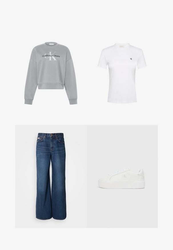 Lysegrå cropped sweatshirt med lange ærmer, der har hvid "cK" og sort "Calvin Klein Jeans" logo centreret på forsiden.; Hvid T-shirt med korte ærmer i blødt stof med rund halsudskæring. Har en lille sort "ck"-logo på venstre bryst. Klassisk pasform.; Bredde jeans lavet af mørkeblåt denim. Funktioner inkluderer en høj talje, fem lommer og kontrasterende orange syninger langs sømmene.; Hvide platform sneakers med en glat læderoverdel, rund tå, hvide snørebånd og diskret logo-detalje på siden. Flad gummisål.