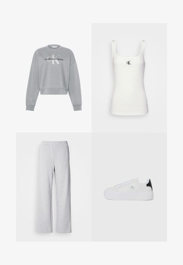 Lysegrå cropped sweatshirt med lange ærmer, der har hvid "cK" og sort "Calvin Klein Jeans" logo centreret på forsiden.; Hvid bomulds tanktop med firkantet udskæring og smalle stropper. Har et lille sort broderet CK-logo på forsiden.; Lys grå joggebukser med bred bendesign, elastisk talje og subtile syninger. Lavet af blødt, åndbart stof.; Calvin Klein Jeans FLATFORM LACE UP - Sneakers - bright white/black