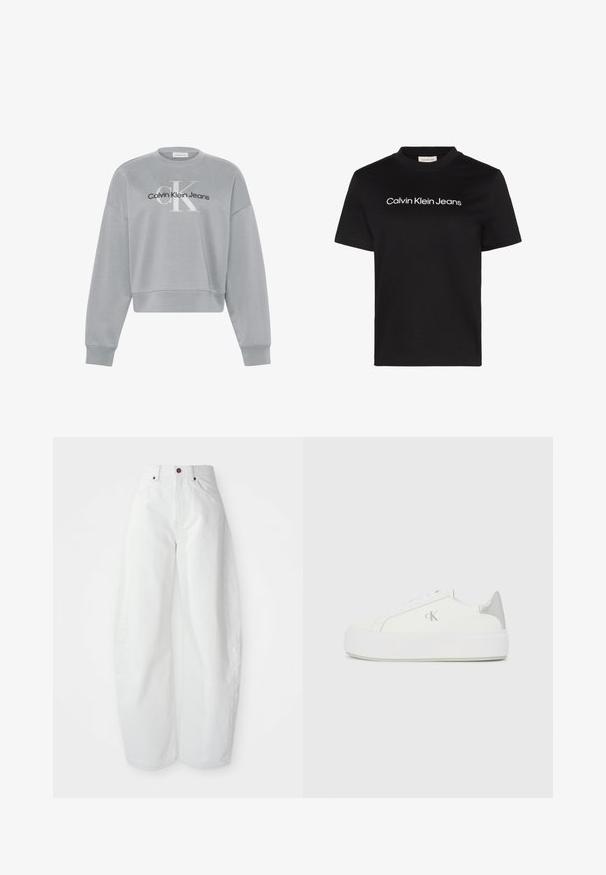 Lysegrå cropped sweatshirt med lange ærmer, der har hvid "cK" og sort "Calvin Klein Jeans" logo centreret på forsiden.; Sort T-shirt med korte ærmer med hvid "Calvin Klein Jeans" tekst centreret på brystet og rund halsudskæring.; Højtaljede hvide denimbukser med løs pasform. Har en knaplukning, sidelommer og et minimalistisk design. Glat tekstur.; Hvide lærredssneakers med en tyk hvid sål, prydet med en metallic sølvaccent på hælen og en diskret logo-detalje på siden.