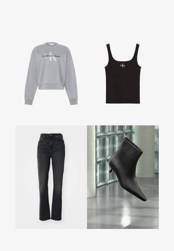 Lysegrå cropped sweatshirt med lange ærmer, der har hvid "cK" og sort "Calvin Klein Jeans" logo centreret på forsiden.; Sort ribbet tanktop med brede stropper og Calvin Klein-logo i hvid på brystets midte, sat mod en hvid baggrund.; Højtaljede sorte denim jeans med lige ben, fem-lomme design, frontlukning med knap og minimal syning.; Sort læderankelstøvle med spids tå og lille hæl vist mod en væg af glasblokke og poleret gulv baggrund.