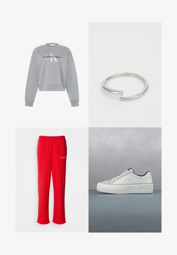 Hellgraues, kurz geschnittenes Sweatshirt mit langen Ärmeln, auf der Vorderseite mittig mit weißem "cK" und schwarzem "Calvin Klein Jeans" Logo.; Rote Baumwoll-Sweatpants mit elastischem Bund und lockerer Passform. Verfügt über ein kleines weißes "Calvin Klein"-Logo auf der linken unteren Seite.; Weißer Calvin Klein Sneaker mit schwarzer Innenausstattung und weißen Schnürsenkeln, der über einer gefliesten Holz- und Kiesoberfläche im Freien schwebt.; Calvin Klein SPIRAL - Armband - silver-coloured