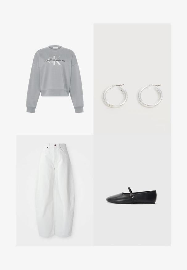Lichtgrijs cropped sweatshirt met lange mouwen, met wit "cK" en zwart "Calvin Klein Jeans" logo gecentreerd aan de voorkant.; Hoge taille witte spijkerbroek met een losse pasvorm. Voorzien van een knoopsluiting, zijzakken en een minimalistisch ontwerp. Glad textuur.; Zwarte leren balletschoenen met een spitse neus, platte zool en een kleine strap met een zilveren gespsluiting.; Een paar middelgrote glanzende zilveren oorringen met dunne metalen sluitingen op een lichte neutrale achtergrond.