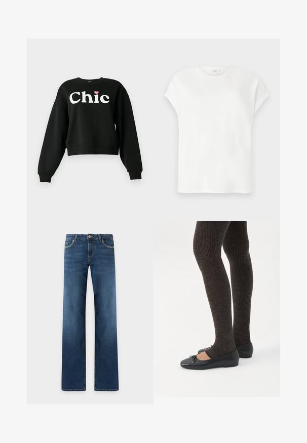Sweatshirt noir à manches longues avec le texte blanc "Chic" et un petit cœur rose au-dessus de la lettre "i" à l'avant.; T-shirt blanc manches courtes avec manches retroussées et col rond, présenté à plat sur un fond gris clair.; Jean bleu foncé à coupe droite avec cinq poches, fermeture par bouton métal et petits clous argentés le long des bords des poches avant.; Jambes portant des leggings côtelés foncés associés à des ballerines noires avec de petits détails en nœud sur fond blanc.